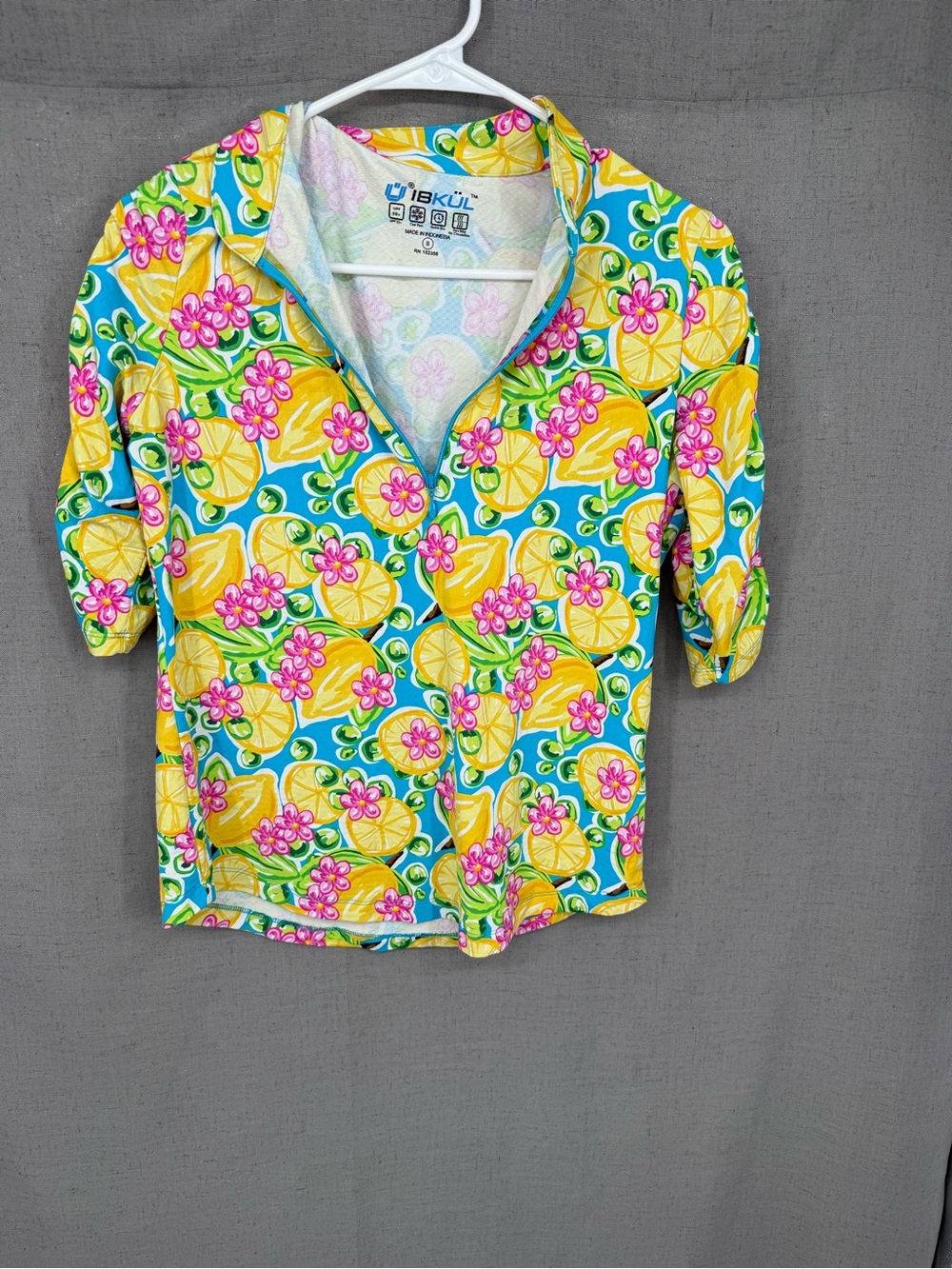 IBKUL L Long Sleeve 1/4 zip Sport Golf Pullover Top Calista Turquoise Lemon Sz s